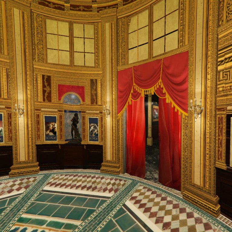 Unicorn — gold-trimmed interior and tiled floor